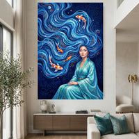 Elegant Woman with Flowing Water Hair Koi Fish Artistic Canvas Print Wall Art - Mockup Display 2