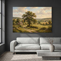 Countryside Landscape Stretched Canvas Wall Art, Cottage Meadow Print, Classic Living Room Decor