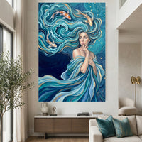 Mystical Water Woman with Koi Fish Oil Painting Style Canvas Print Wall Art Serene - Mockup Display 2