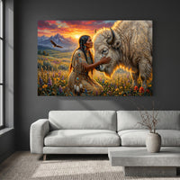 Native American Woman & White Bison Oil Painting Style Canvas Print Wall Art, Serene Landscape - Mockup Display 2