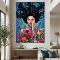 Vibrant Woman with Flowing Hair and Flowers Canvas Print Wall Art, Enchanting Decor - Mockup Display 2