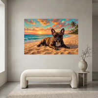 Cool French Bulldog Sunset Beach Oil Painting Style Canvas Print Wall Art for Dog Lovers - Mockup Display 2