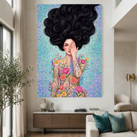 Woman with Flowing Hair & Floral Body Art Canvas Print Wall Art, Bohemian Decor - Mockup Display 2