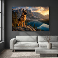 German Shepherd Dog Mountain Lake Sunset Oil Painting Style Canvas Print Wall Art, Majestic - Mockup Display 2