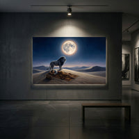 Mystical Desert Night Lion Guarding Man Canvas Print Wall Art, Dreamscape Decor - Mockup Display 2