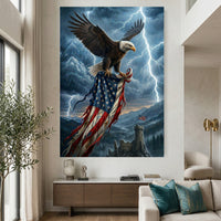 Majestic Bald Eagle & Tattered American Flag Stormy Sky Patriotic Canvas Print Wall Art - Mockup Display 2