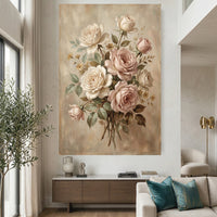 Romantic Blush & Cream Roses Oil Painting Style Canvas Print Wall Art, Elegant Home Decor - Mockup Display 2
