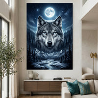 Mystical Blue-Eyed Wolf & Winter Moonlight Forest Canvas Print Wall Art Decor - Mockup Display 2