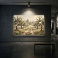 Misty Orchard Path Oil Painting Style Canvas Print Wall Art, Serene Landscape - Mockup Display 2