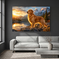 Majestic Golden Retriever Sunset Mountains Lake Art Print Canvas Wall Decor - Mockup Display 2