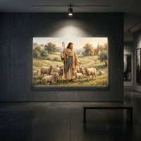 Good Shepherd Jesus Christ Oil Painting Style Canvas Print Wall Art, Serene Biblical Landscape - Mockup Display 2