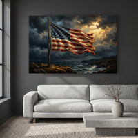 American Flag Coastal Canvas Wall Art, Dramatic Patriotic Seascape Print, Rustic Living Room Decor
