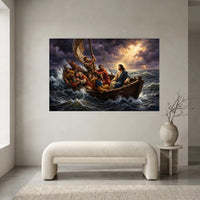 Biblical Jesus Calming Storm Oil Painting Style Canvas Print Wall Art, Religious - Mockup Display 2