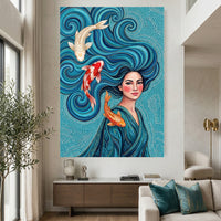 Vibrant Woman with Koi Fish Artistic Canvas Print Wall Art, Elegant Home Decor - Mockup Display 2