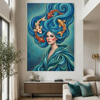 Mystical Woman with Koi Fish Canvas Print Wall Art, Elegant Fantasy Style Decor - Mockup Display 2