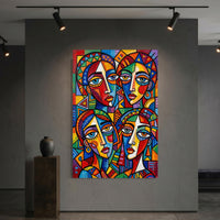Colorful Abstract Faces Stretched Canvas Wall Art, Modern Geometric Portrait Print, Bold Room Decor