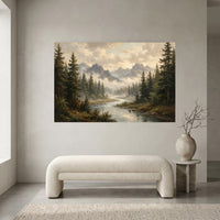 Serene Mountain Forest River Oil Painting Style Canvas Print Wall Art Décor - Mockup Display 2
