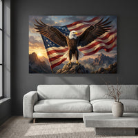 Bald Eagle Stretched Canvas Wall Art, American Flag Wildlife Print, Patriotic Statement Decor