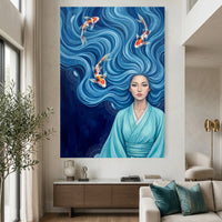 Serene Asian Woman with Flowing Blue Hair & Koi Fish Canvas Print Wall Art - Mockup Display 2