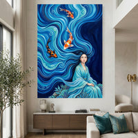 Mythical Woman Koi Fish Oil Painting Style Canvas Print Wall Art, Zen Decor - Mockup Display 2