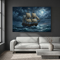 Dramatic Galleon Ship Moonlight Oil Painting Style Canvas Print Wall Art, Nautical Adventure - Mockup Display 2