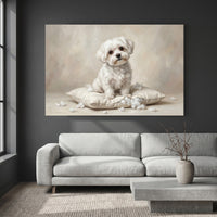 White Maltese Stretched Canvas Wall Art, Soft Dog Portrait Print, Elegant Bedroom Decor