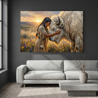 Native American Woman White Buffalo Oil Painting Style Canvas Print Wall Art Serene - Mockup Display 2