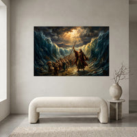 Moses Parting Red Sea Oil Painting Style Canvas Print Wall Art, Dramatic Biblical Scene - Mockup Display 2