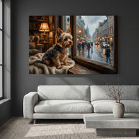 Yorkshire Terrier Stretched Canvas Wall Art, Rainy Window Dog Print, Cozy Living Room Decor