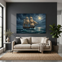 Dramatic Tall Ship Stormy Sea Moonlight Oil Painting Style Canvas Print Wall Art - Mockup Display 2