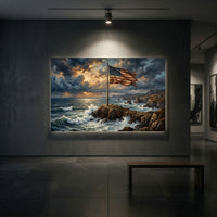 Dramatic American Flag on Rocky Coast Oil Painting Style Canvas Print Wall Art - Mockup Display 2