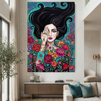Boho Woman with Floral Tattoos Canvas Print Wall Art, Mystical Decor - Mockup Display 2