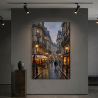 Paris Street Stretched Canvas Wall Art, Rainy City Print, Elegant Urban Decor