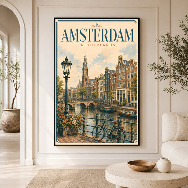 Vintage Amsterdam Canal Cityscape Canvas Print Wall Art, European Travel Decor - Mockup Display 2