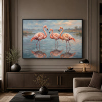 Three Pink Flamingos Oil Painting Style Canvas Print Wall Art, Serene Decor - Mockup Display 3