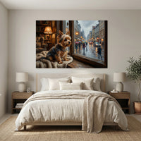 Yorkshire Terrier Stretched Canvas Wall Art, Rainy Window Dog Print, Cozy Living Room Decor