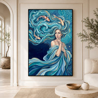Mystical Water Woman with Koi Fish Oil Painting Style Canvas Print Wall Art Serene - Mockup Display 3