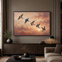 Barn Swallows Sunset Sky Oil Painting Style Canvas Print Wall Art for Nature Lovers - Mockup Display 3