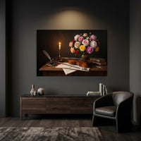 Musical Still Life Flowers & Violin Oil Painting Style Canvas Print Wall Art - Elegant - Mockup Display 3