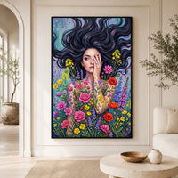 Mystic Woman Floral Canvas Print Wall Art with Flowing Hair, Vibrant Garden Style - Mockup Display 3