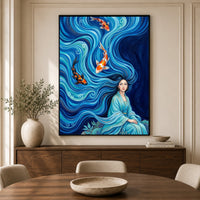 Mythical Woman Koi Fish Oil Painting Style Canvas Print Wall Art, Zen Decor - Mockup Display 3