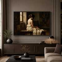 Contemplative Woman Classical Oil Painting Style Canvas Print Wall Art, Elegant - Mockup Display 3