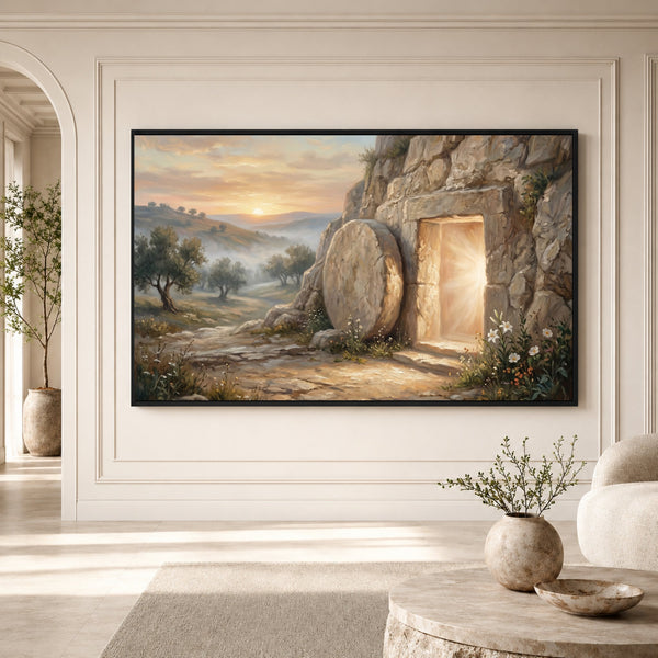 Empty Tomb Resurrection Oil Painting Style Canvas Print Wall Art, Divine Decor - Mockup Display 3