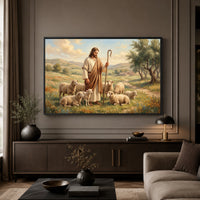 Jesus Christ Good Shepherd Oil Painting Style Canvas Print Wall Art, Inspirational Decor - Mockup Display 3
