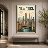 New York City Vintage Illustration Skyline Brooklyn Bridge Canvas Print Wall Art, Iconic - Mockup Display 3