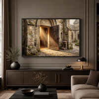 Ancient Church Entrance Sunlit Path Oil Painting Style Canvas Print Wall Art - Mockup Display 3