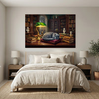 Peaceful Grey Cat Sleeping Library Oil Painting Style Canvas Print Wall Art for Study - Mockup Display 3