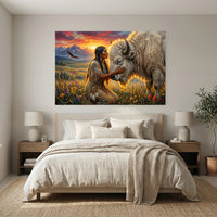Native American Woman & White Bison Oil Painting Style Canvas Print Wall Art, Serene Landscape - Mockup Display 3
