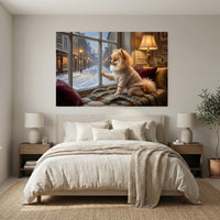 Pomeranian Stretched Canvas Wall Art, Snowy Window Dog Print, Cozy Living Room Decor