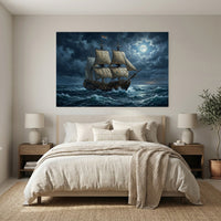 Dramatic Galleon Ship Moonlight Oil Painting Style Canvas Print Wall Art, Nautical Adventure - Mockup Display 3